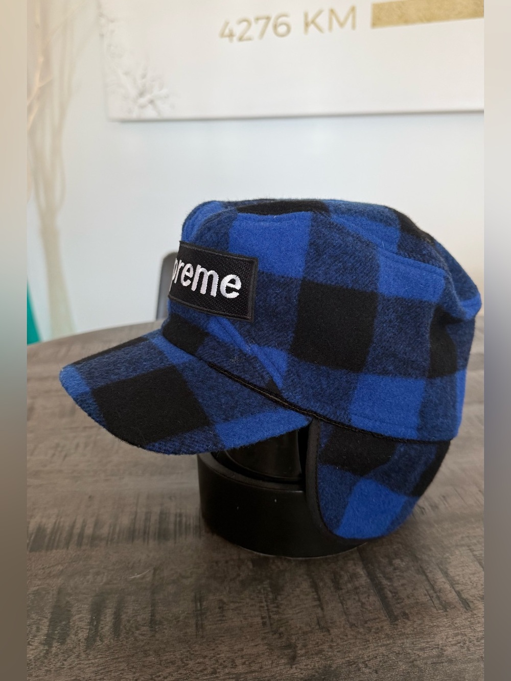 VINTAGE/Plaid Earflap Cap in Blue and Black with Branded Patch